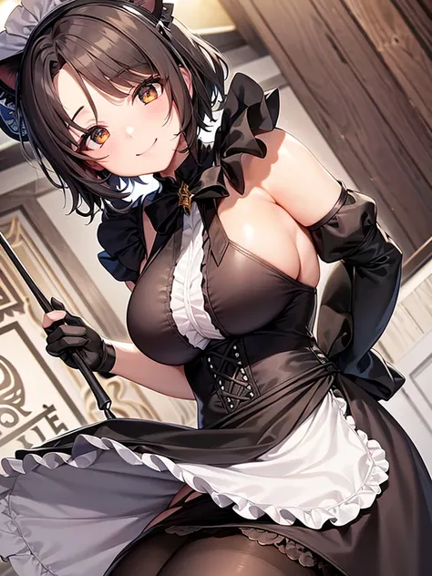 woman,Bob Hair,smile,Large Breasts,Maid clothes,Short sleeve,I can see the valley.Cute black gloves,Cat ears headband,Wear tights,Dark brown hair,Large Breasts,maid Cafe
