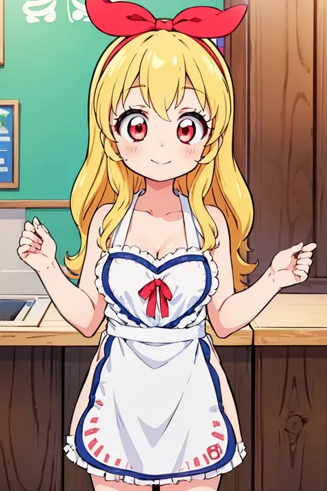 Aikatsu,blonde_hair,red_hair_band,masterpiece,{a cartoon character is wearing an apron and a dress, One girl, Ichigo Hoshimiya, apron, 金hair, 長いhair, Big Breasts, alone, smile, naked apron, large 胸, Cleavage, View your viewers, red面, pink apron,Ass Focus