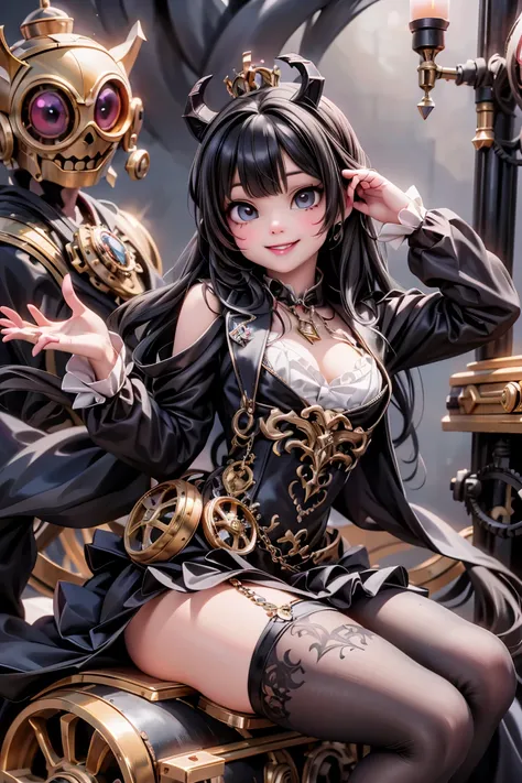 a cute vampire queen smiling, queen crown, wearing a queen dress, pumps, riding a steampunk machine