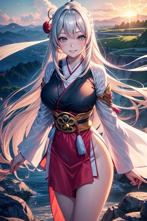 official art, masterpiece, sharp focus, (beautiful, gorgeous, Cute Japanese woman:1.3), (beautiful Cute Japanese woman:1.3), character Mitsuri Kanroji, demon cleaving blade, Delicate and beautiful hair, realistic, ultra detailed, Beautiful girl, blue sky, ...