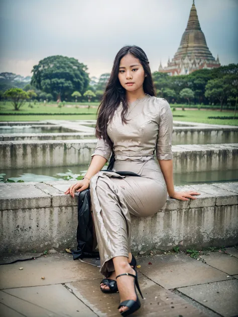 Create full body 3D image realistic photo of a beautiful girls, (pretty lady MoonLay:1.5), in Myanmar outfit dress and high heel, farming in the background seance Bagan Pagoda in myanmar, cinematic enhance HDR portrait glow lighting, smooth face, perfect a...