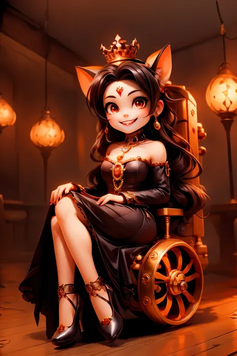 a cute vampire queen smiling, queen crown, wearing a queen dress, pumps, riding a steampunk machine