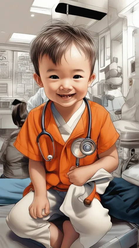 a kid dressed as a doctor, cute  doctor, pediatrician, medical uniform, stethoscope, healthcare, smiling , happy expression, whimsical, imaginative, black and white, playful, fantasy, digital illustration, 8k, award winning illustration, highly detailed, c...