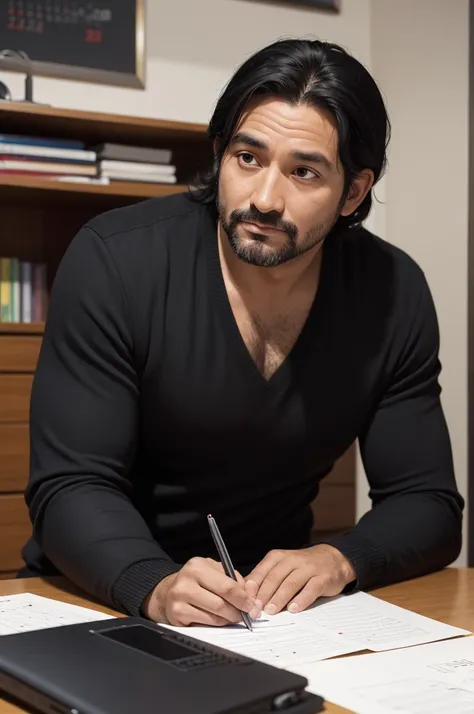 A 40 year old man, black hair, sitting at the desk and marking September 7th on a calendar (animated cartoon)