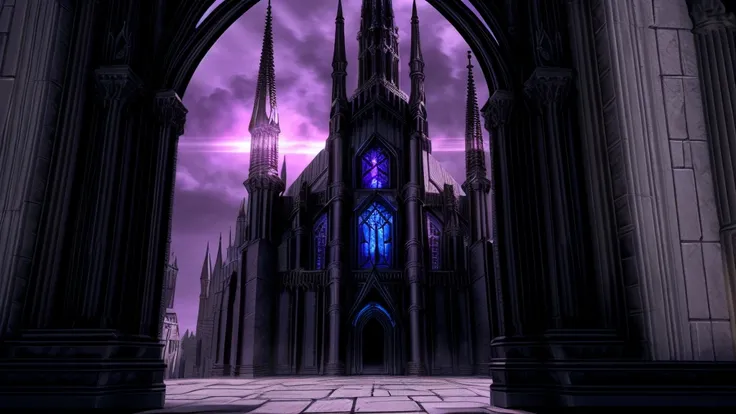 The fortress stands proudly, its towering Gothic spires piercing the sky with menacing detail. Each spire is adorned with gargoyles, their faces carved with expressions of eternal watchfulness. Large, stained glass windows tinted in shades of violet and bl...