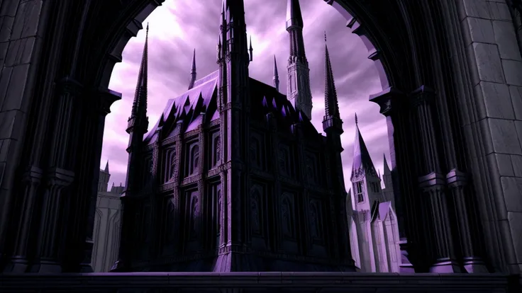 The fortress stands proudly, its towering Gothic spires piercing the sky with menacing detail. Each spire is adorned with gargoyles, their faces carved with expressions of eternal watchfulness. Large, stained glass windows tinted in shades of violet and bl...