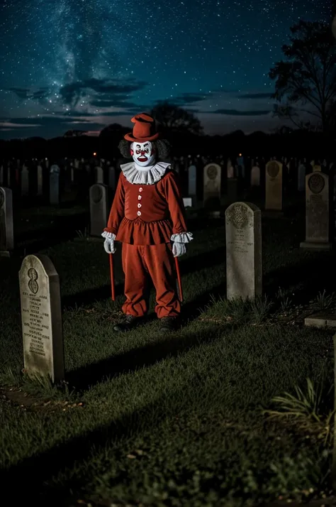 Angry clown standing in an old cemetery at night 