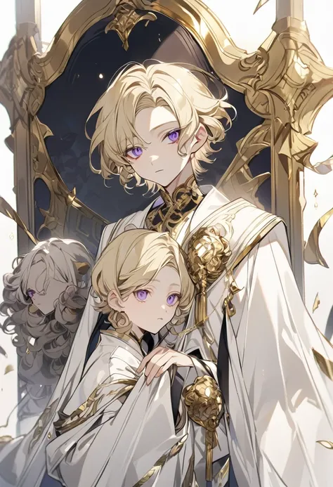 Boy , blonde short curly hair , gray and purple eyes, albinos , pale skin , white clothes, gold accessories 