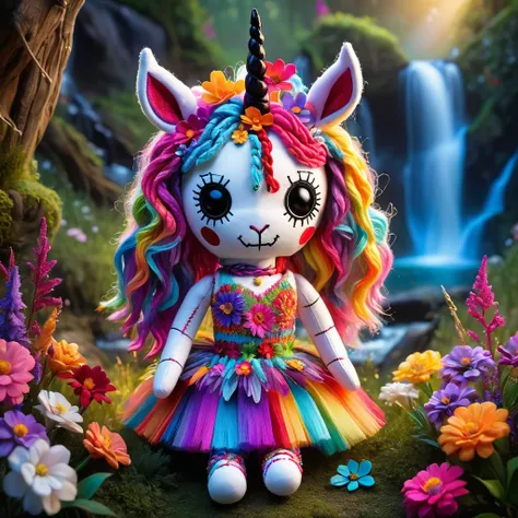 (knitted toy voodoo doll:1.9), (Voodoo Fairy Unicorn:1.3), (Clothing: sparkling tunic with unicorn patterns:1.0), (Accessories: glowing horn, magical hooves, enchanted mane:1.2), (Background: enchanted meadow with colorful flowers, sparkling waterfalls, an...