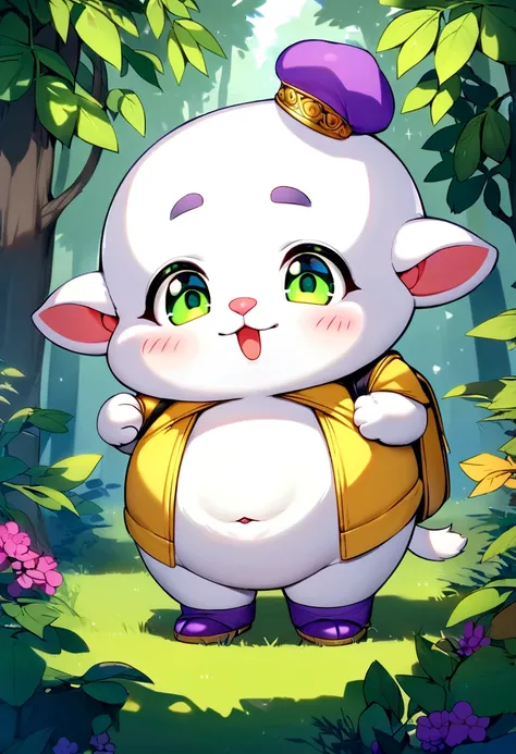 Albino monkey in the forest cute green eyes with a chubby purple cap and purple boots and a yellow backpack cute furry and chubby chubby 