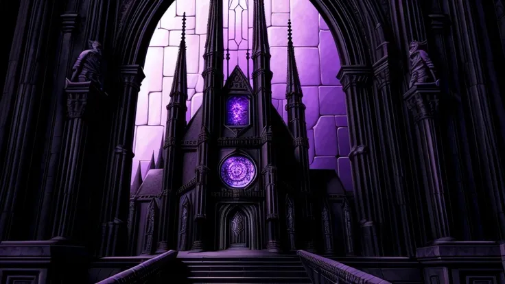 The fortress stands proudly, its towering Gothic spires piercing the sky with menacing detail. Each spire is adorned with gargoyles, their faces carved with expressions of eternal watchfulness. Large, stained glass windows tinted in shades of violet and bl...