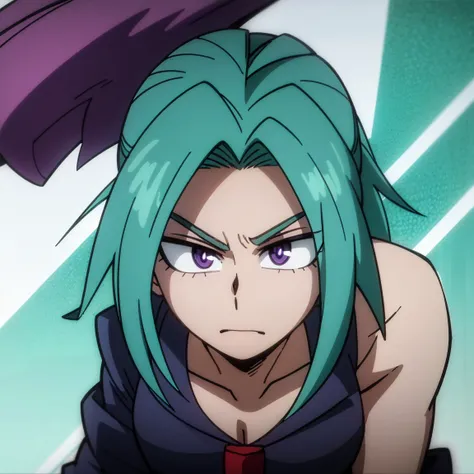 1boy, male focus, solo, muscular body, short hair, straight hair, purple hair, turquoise streaks, amethyst eyes, gray jacket, re...