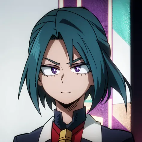 1boy, male focus, solo, muscular body, short hair, straight hair, purple hair, turquoise streaks, amethyst eyes, gray jacket, red tie, white shirt, teal pants, mlpadagio, MHA Style, Manhwa style, anime style, perfect eyes, perfect face, model face, boy