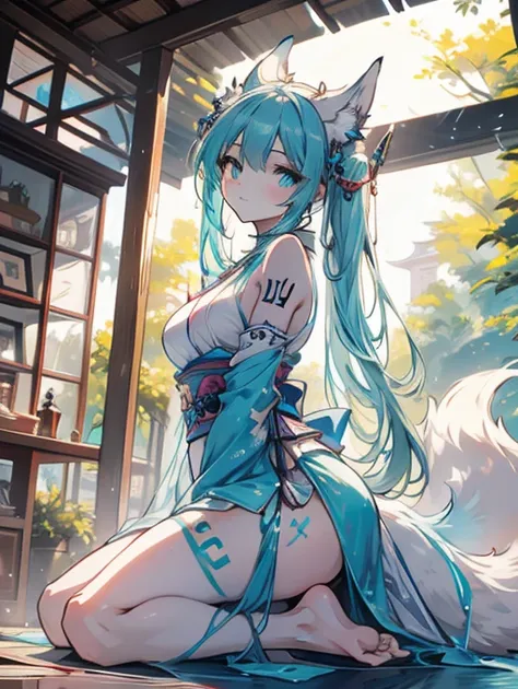  The best quality ((Masterpiece)) high definition Miku Hatsune x vixen high definition add_detail:1, blue fur,kitsune ears, tribal tattoo add_detail:1, pretty girl add_detail:1, feudal priestess clothing add_detail:1, japanese shrine landscape add_detail:1...