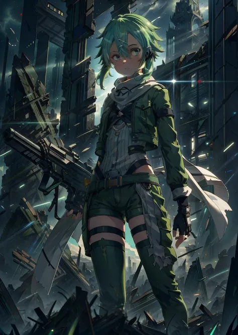 (masterpiece), best quality, expressive eyes, perfect face, highres, sinon1, scarf, fingerless gloves, long sleeves, short shorts, hair ornament, hairclip, green thighhighs, green jacket, thigh strap, hands on hip, field, ruins background, ruined structure...