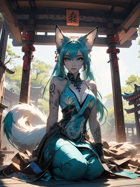  The best quality ((Masterpiece)) high definition Miku Hatsune x vixen high definition add_detail:1, blue fur,kitsune ears, tribal tattoo add_detail:1, pretty girl add_detail:1, feudal priestess clothing add_detail:1, japanese shrine landscape add_detail:1...