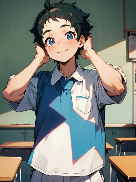 A friendly looking boy, a little chubby, wearing the anime  *Classroom of the elite*