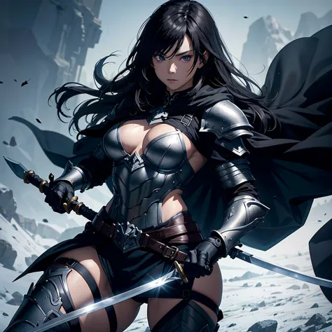 Muscular female swordsman wearing armor and a black cape and holding a sword