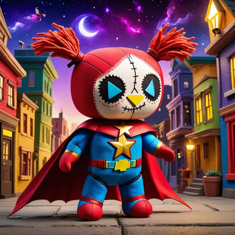 (knitted toy voodoo doll:1.7), (Voodoo Comic Superhero:1.8), (Clothing: superhero suit with funny emblem:1.0), (Accessories: glowing rubber chicken, magical oversized hammer, enchanted cape:1.2), (Background: vibrant cityscape with colorful buildings, spar...