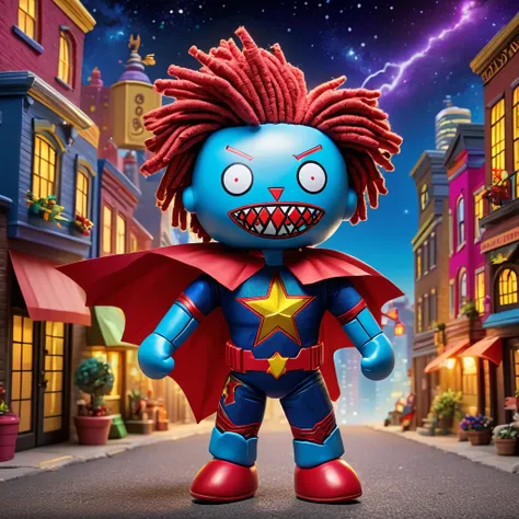 (knitted toy voodoo doll:1.7), (Voodoo Comic Superhero:1.8), (Clothing: superhero suit with funny emblem:1.0), (Accessories: glowing rubber chicken, magical oversized hammer, enchanted cape:1.2), (Background: vibrant cityscape with colorful buildings, spar...