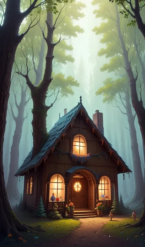 (anime, digital paint, gingerbread house nestled in a forest clearing, vibrant and colorful, astonished faces of the children, candy and sweets decorations, fairy tale setting, viewed from a low angle with trees framing the scene, inviting and magical ambi...