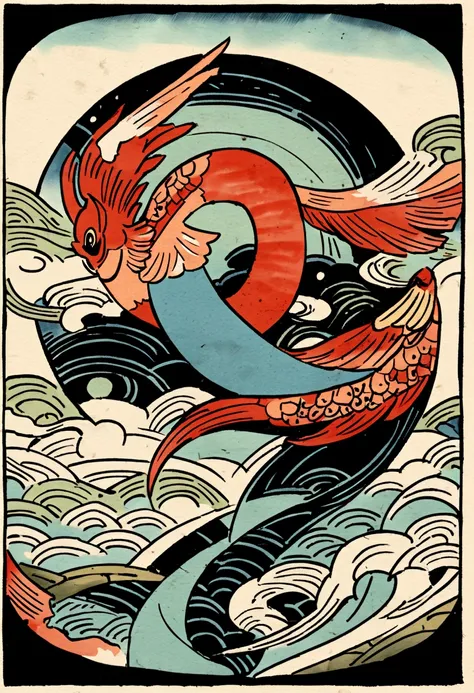 Symmetrical Phoenix Pattern,Ukiyo-e style,