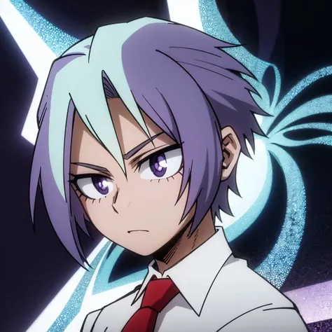 1boy, male focus, solo, muscular body, short hair, purple hair, amethyst eyes, gray jacket, red tie, white shirt, teal pants, ml...