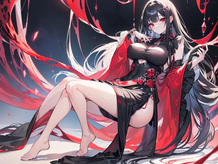 (Exquisite eyes),(Clear and beautiful eyes:1.61),masterpiece, 1 young girl,(Black clothes and some red gems), Black long hair, (She has a huge red gem on her chest), Good Hand,((The Havoc of StarCraft)),full-body shot,Fighting Stance,(Red Eyes:1.466)，short...