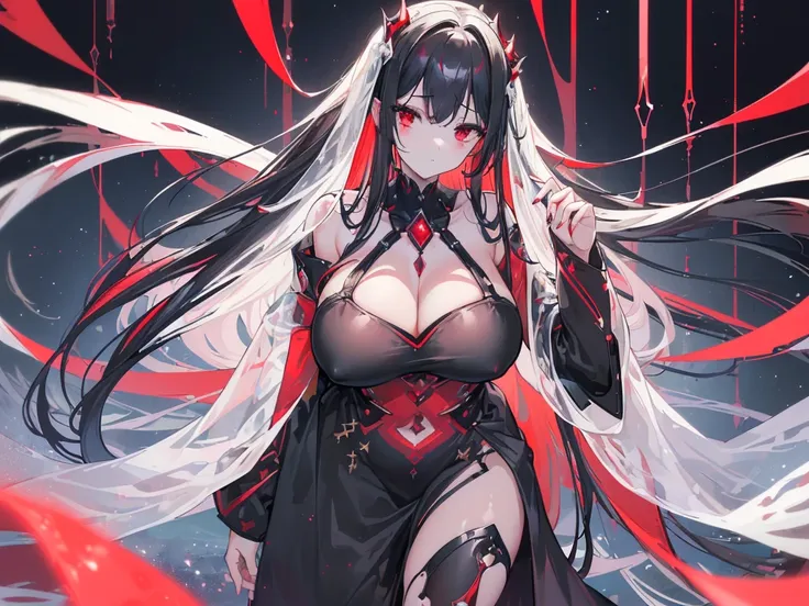 (Exquisite eyes),(Clear and beautiful eyes:1.61),masterpiece, 1 young girl,(Black clothes and some red gems), Black long hair, (She has a huge red gem on her chest), Good Hand,((The Havoc of StarCraft)),full-body shot,Fighting Stance,(Red Eyes:1.466)，short...