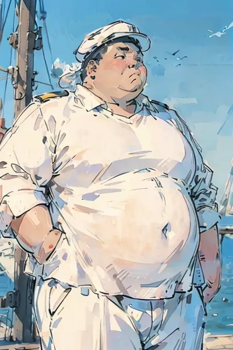 captain，white clothes and hat，overweight，obesity，on board，look into the distance，