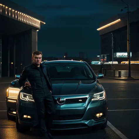 a Russian man, standing in front of a beautiful modern car with a short haircut and stubble. leaning onto car. The background shows a city at night. The artwork is in the form of a realistic photograph, with ultra-detailed features. The color tone is vibra...