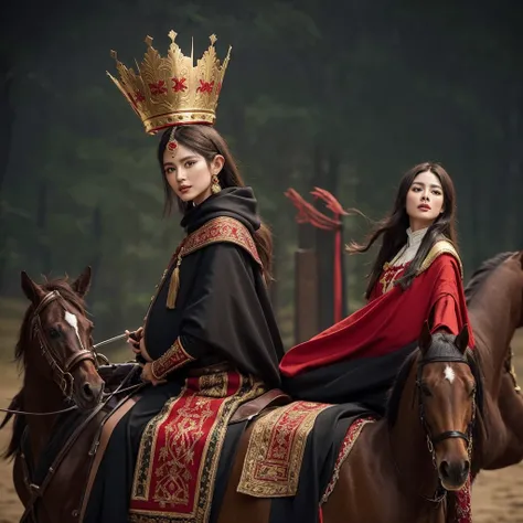 A pregnant woman riding a brown horse, wearing a black cloak with red embroidery, only her lips are visible from under the cloak, next to her is an elf man wearing a black cloak with gold embroidery, wearing a thin crown on his head, riding a black horse, ...