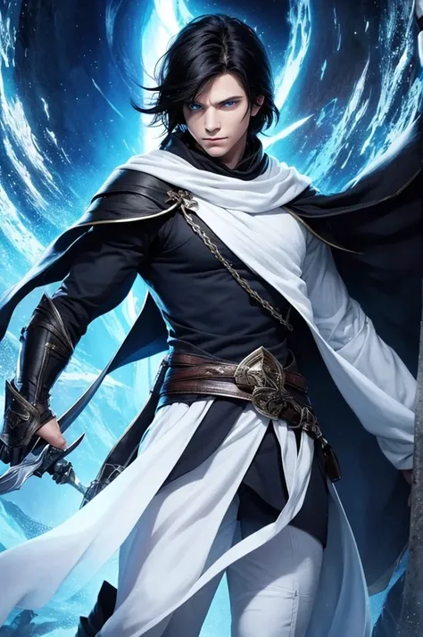 black hair, blue eyes, fantasy rpg, man, white cloth clothing, darkness