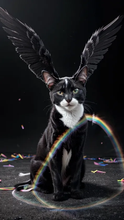 A black and white cat with wings in rainbow land 