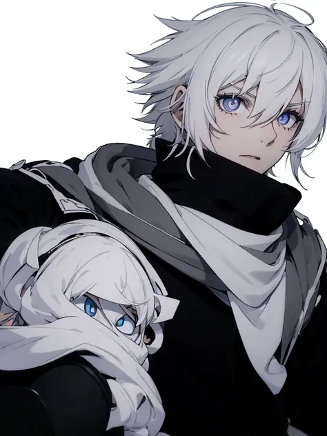 Boy with white hair;
shorth hair;
Messy hair;
eye white;
Some gun sight marks on the pupils;
wear black pants;
black jersey;
A white sweater;
A white scarf;
Snow white pupils The sniper is also white in color There&#39;s a white sniper on the back;


He is...