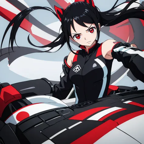 generic anime girl with black hair red eyes and black racing suit, clear background, character fitting in the image