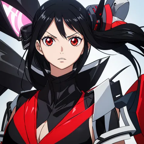 generic anime girl with black hair red eyes and black racing suit, clear background, character fitting in the image