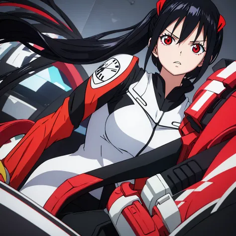 generic anime girl with black hair red eyes and black racing suit, clear background, character fitting in the image