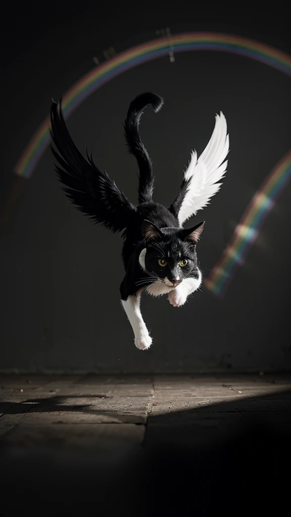 A black and white cat with wings running over the rainbow 