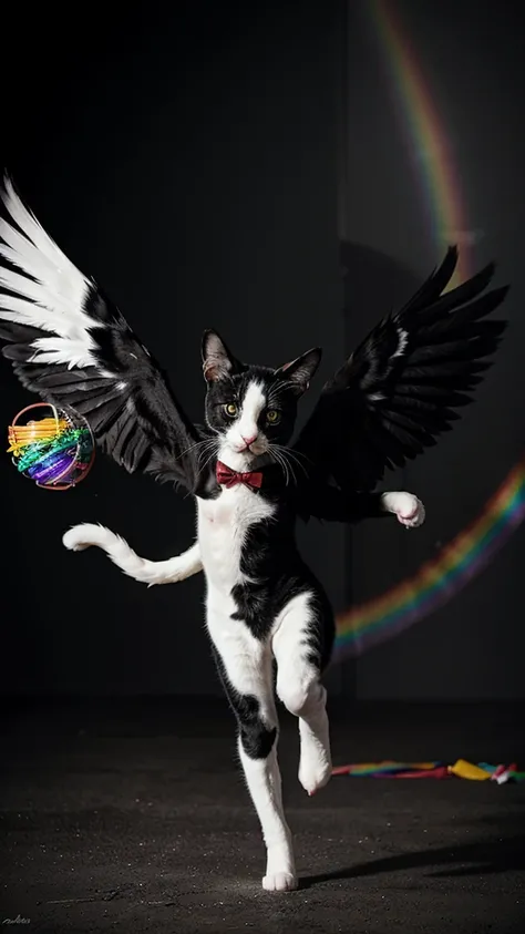 A black and white cat with wings running over the rainbow 