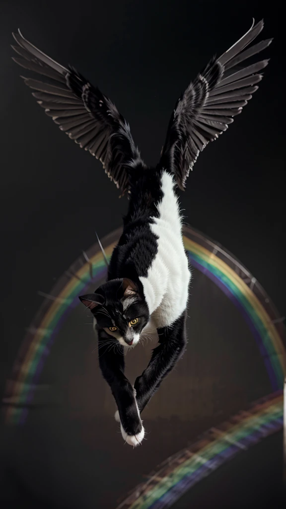 A black and white cat with wings running over the rainbow 