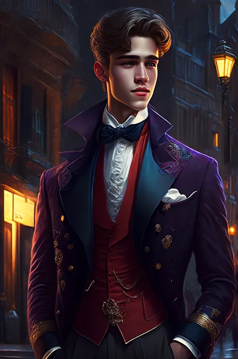 young guy, an aristocrat, full length, street, night city, there&#39;s a dragon next to the guy, dark effect, gloomy effect, blo...