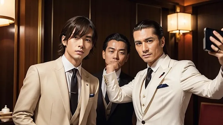 A man with his bangs down and a man with his hair slicked back are taking a photo together, suit, Japanese, Western-style luxury hotel