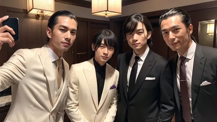 A man with his bangs down and a man with his hair slicked back are taking a photo together, suit, Japanese, Western-style luxury hotel