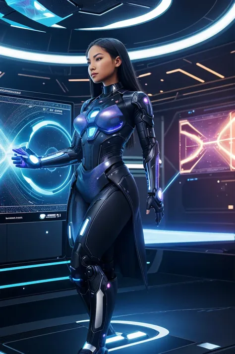 Empowered Women in Tech: Envision a group of women of various ethnicities and ages, exuding confidence and expertise. They are interacting with advanced AI interfaces like holographic displays or immersive virtual environments. The setting should include f...