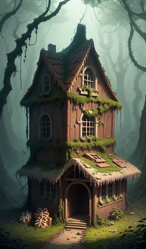 (anime, digital paint, the old womans destroyed gingerbread house, remnants of candy and sweets scattered around, eerie and dark atmosphere, forest reclaiming the area with vines and plants growing over the ruins, sense of nature taking over)