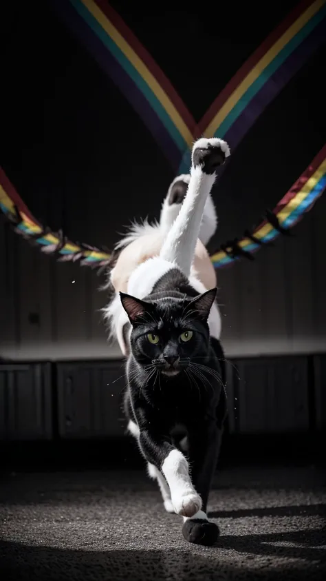 A black and white cat with wings running over the rainbow 