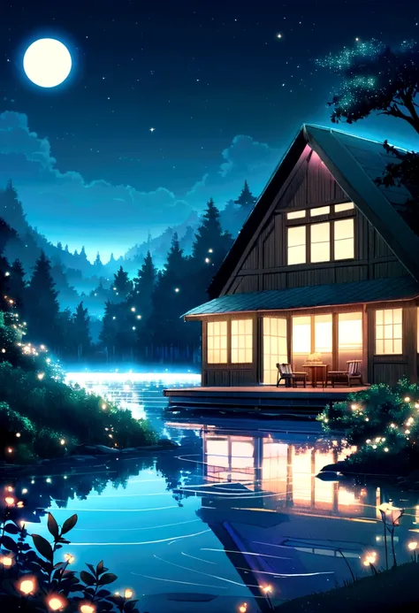 Create a dreamy, anime-style image with a lo-fi aesthetic. The scene should depict a serene, otherworldly landscape. Imagine a night sky filled with twinkling stars and a full moon casting a gentle glow over a tranquil forest. Soft, pastel colors dominate ...