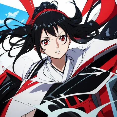 generic anime girl with black hair red eyes and black racing suit, clear background, character fitting in the image