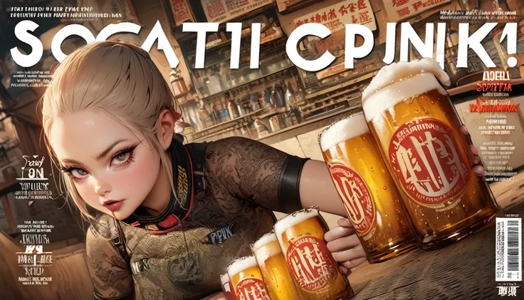 masterpiece, best quality, very aesthetic, (magazine cover:1.0), (cover-style:1.0), china, sovietpunk, illustrated advertising of beer, intricate details